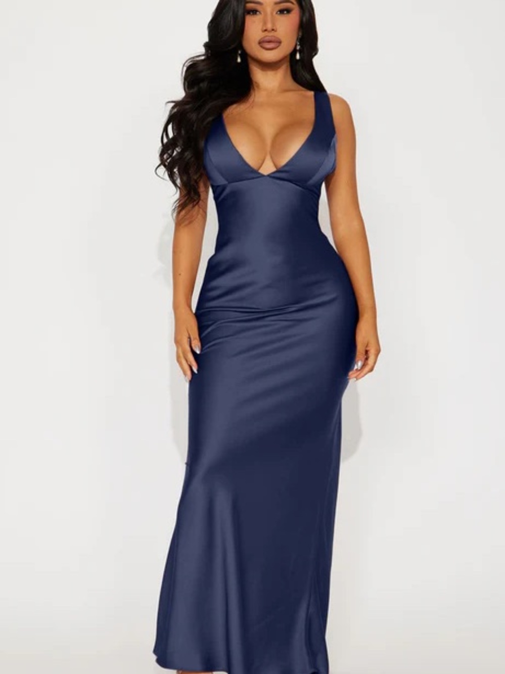 Satin Navy Plunge Maxi Dress - Classic Evening Silhouette
